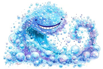 Wall Mural - A children's book illustration of a friendly cartoon wave with a big smile, made entirely of blue and purple bubbles.