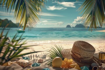 Poster - A hat, sunglasses, and other items are spread out on a colorful beach blanket