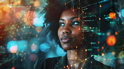 Wall Mural - Black female cyber security expert with AI code illusminated overlay around her. Working in a data center. Generate AI.