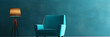 © fathiyehki - A teal wall, blue armchair, and brown lamp, modern minimalist design,  evoking tranquility and relaxation for interior design projects.