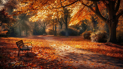 Wall Mural - Serene autumn park scene with fallen leaves and empty bench under a golden canopy of trees, sunlight filtering through branches creating a tranquil and peaceful atmosphere