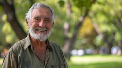 Portrait of happy grandpa with grey hair in park, space for text