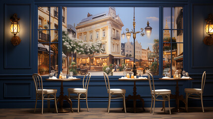 Romantic Parisian cafe with blue walls, white chairs, and a charming street scene.  