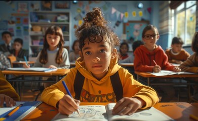 Focused school student drawing during classroom art lesson