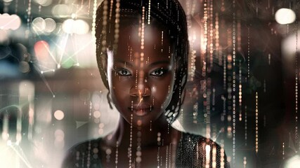 Wall Mural - Black female cyber security expert with AI code illusminated overlay around her. Working in a data center. Generate AI.