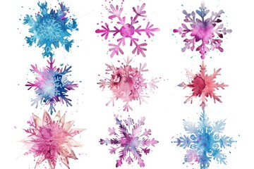 Poster - Delicate watercolor design featuring unique snowflake patterns on a white background, ideal for winter-themed projects