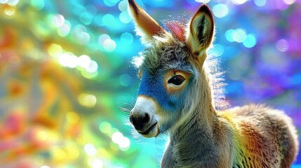 Wall Mural -   A clear photo of a donkey against a colorful background with the tree out of focus