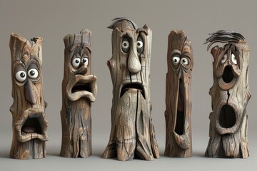 Poster - A collection of wooden sculptures depicting human-like faces, suitable for use in conceptual or abstract designs