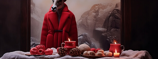 A red goat wearing a red robe stands next to lit candles and red apples on a snowy mountain backdrop, creating a cozy and festive winter scene. 
