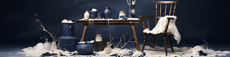 A blue and white still life with a vintage feel, evoking a sense of mystery and tranquility. 
