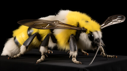 A yellow and white fuzzy bumblebee with black stripes, a macro shot of a fascinating insect, perfect for nature and wildlife projects. 
