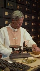 Wall Mural - Vertical shot of elderly Asian herbalist measuring dried ingredients on scales when working at old apothecary