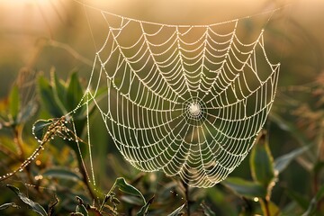 a close-up of a dewy spider web in the early morning light