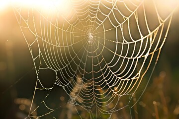 a close-up of a dewy spider web in the early morning light
