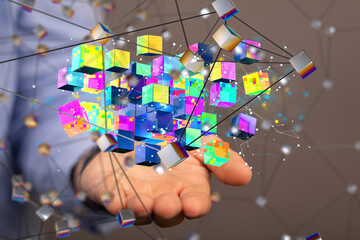 Poster - Data cloud storage network from lines, triangles and particle style design.