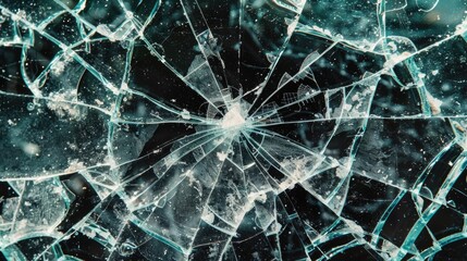 Aufkleber - A cracked and damaged glass window with a circular hole