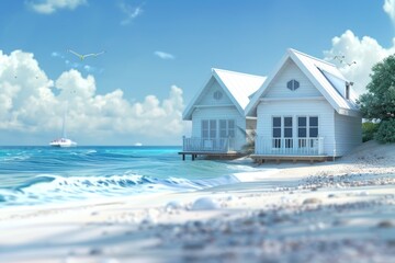Aufkleber - A house on the beach with a boat in the background, suitable for summer vacation or coastal lifestyle images