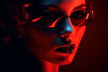 Wall Mural - Stylish woman in glasses illuminated by dramatic red neon, exuding mystery