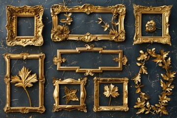 Poster - A collection of golden picture frames mounted on a light blue wall, suitable for use in interior design or home decor photography