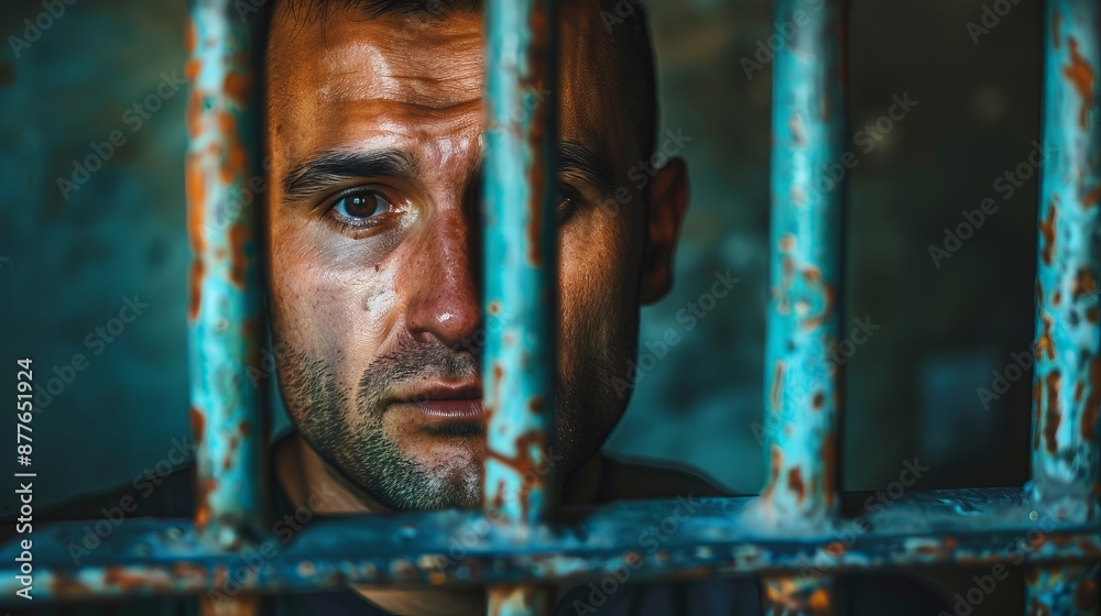 A sad man behind rusty prison bars, captured in a dimly lit environment