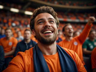 Wall Mural - Happy football fan cheers for Netherlands national team. Dutch soccer enthusiast guy celebrating victory in the stands at the stadium
