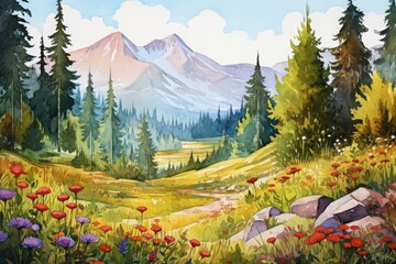 Wall Mural - A forest with green meadow, flowers and mountains in the background, watercolor illustration