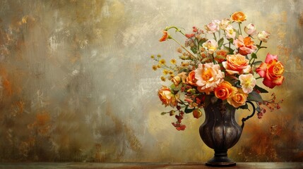 Canvas Print - Vintage antique vase with ornamental flower bouquet