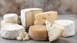 © familymedia - A presentation of mixed cheese varieties including soft, hard, and herb-infused cheeses, displayed on a rustic surface showcasing a delicious cheese selection.