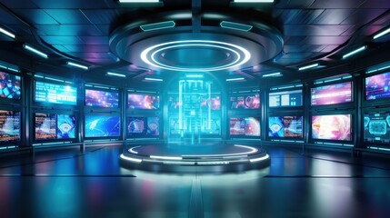 Wall Mural - An empty large futuristic room with a large screen