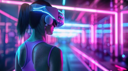 Poster - A woman wearing with a virtual reality headset on. The room is brightly lit with neon lights, creating a futuristic and energetic atmosphere