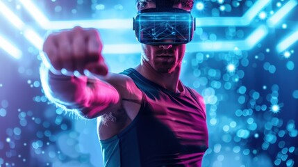 Poster - A man wearing with a virtual reality headset on. The room is brightly lit with neon lights, creating a futuristic and energetic atmosphere