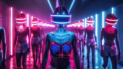 Poster - A group of women in neon colored outfits are standing in a hallway. The women are wearing virtual reality headsets and are dressed in neon colors. Scene is futuristic and energetic