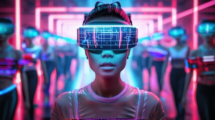 Poster - A group of women in neon colored outfits are standing in a hallway. The women are wearing virtual reality headsets and are dressed in neon colors. Scene is futuristic and energetic