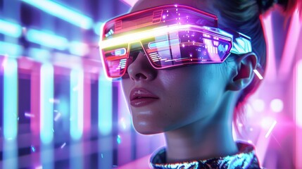 Poster - A women in neon colored outfits are standing in a hallway. The women are wearing virtual reality headsets and are dressed in neon colors. Scene is futuristic and energetic