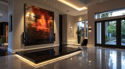 Contemporary suburban foyer with an oversized art installation and a dramatic lighting design