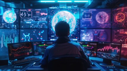 Poster - A man is sitting in front of a computer monitor with a large planet on the screen. The man is focused on the monitor, possibly working on a project related to space or astronomy