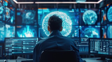 Poster - A man is sitting in front of a computer monitor with a large planet on the screen. The man is focused on the monitor, possibly working on a project related to space or astronomy