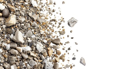 Poster - A photo of a pile of gravel and rocks on a white background, perfect for use in still life compositions or as a texture element