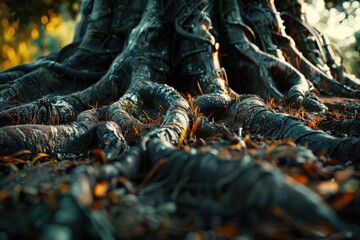 Poster - Close up shot of a tree trunk with leaves scattered around it