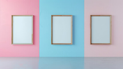 Three empty picture frames on a pastel colored wall.