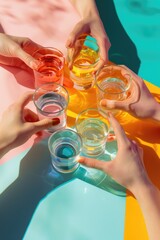 Wall Mural - A group of people holding glasses of colored liquids, suitable for party or social media use