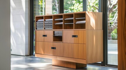 Poster - A modern wooden cabinet with multiple drawers and shelves, situated in a contemporary office space with large windows.