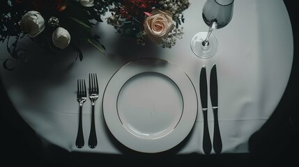 Luxurious fine dining table setting for wedding menu, elegant decor on wide banner with black space