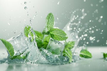 Aufkleber - Fresh mint leaves surrounded by ice cubes