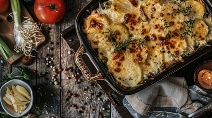 A creamy potato gratin or casserole topped with a tomato cheese crust, ham, and leek. Fall and winter rustic recipe