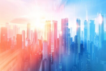 Poster - Futuristic smart city skyscrapers in blue financial district with sunlight reflections