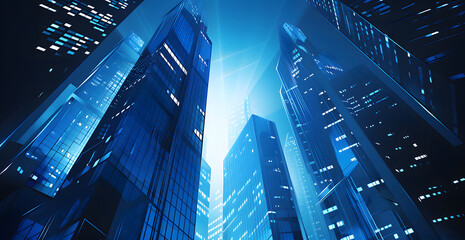Poster - Modern skyscrapers of a smart city, futuristic financial district, graphic perspective of buildings and reflections - Architectural blue background for corporate and business brochure template design