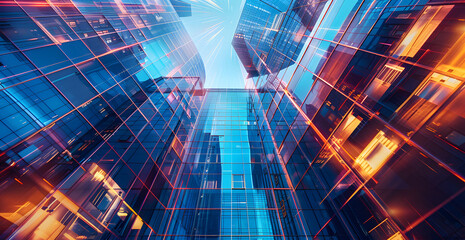 Poster - Modern skyscrapers of a smart city, futuristic financial district, graphic perspective of buildings and reflections - Architectural blue background for corporate and business brochure template design