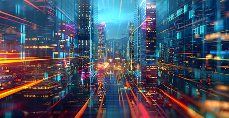 Poster - Modern skyscrapers of a smart city, futuristic financial district, graphic perspective of buildings and reflections - Architectural blue background for corporate and business brochure template design