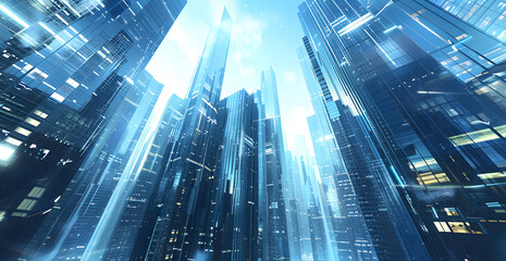 Poster - Modern skyscrapers of a smart city, futuristic financial district, graphic perspective of buildings and reflections - Architectural blue background for corporate and business brochure template design